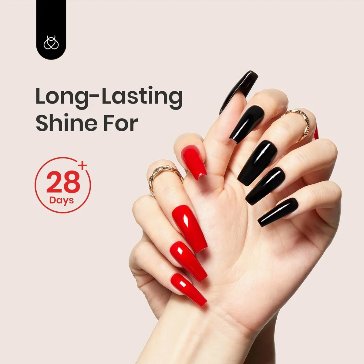 Hands with long glossy red and black coffin nails with long-lasting shine graphic