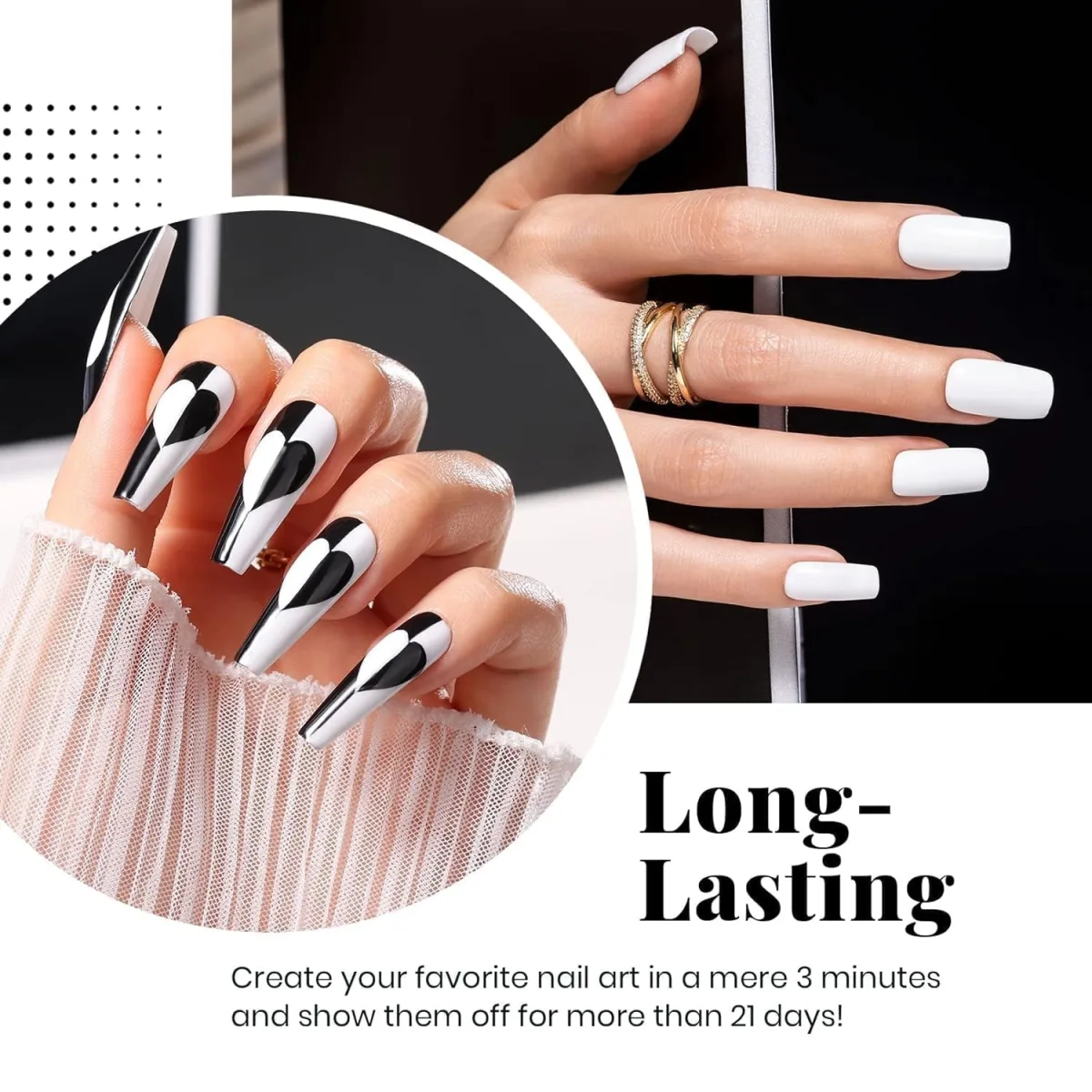 Long coffin nails with black and white abstract heart pattern and matte white square nails