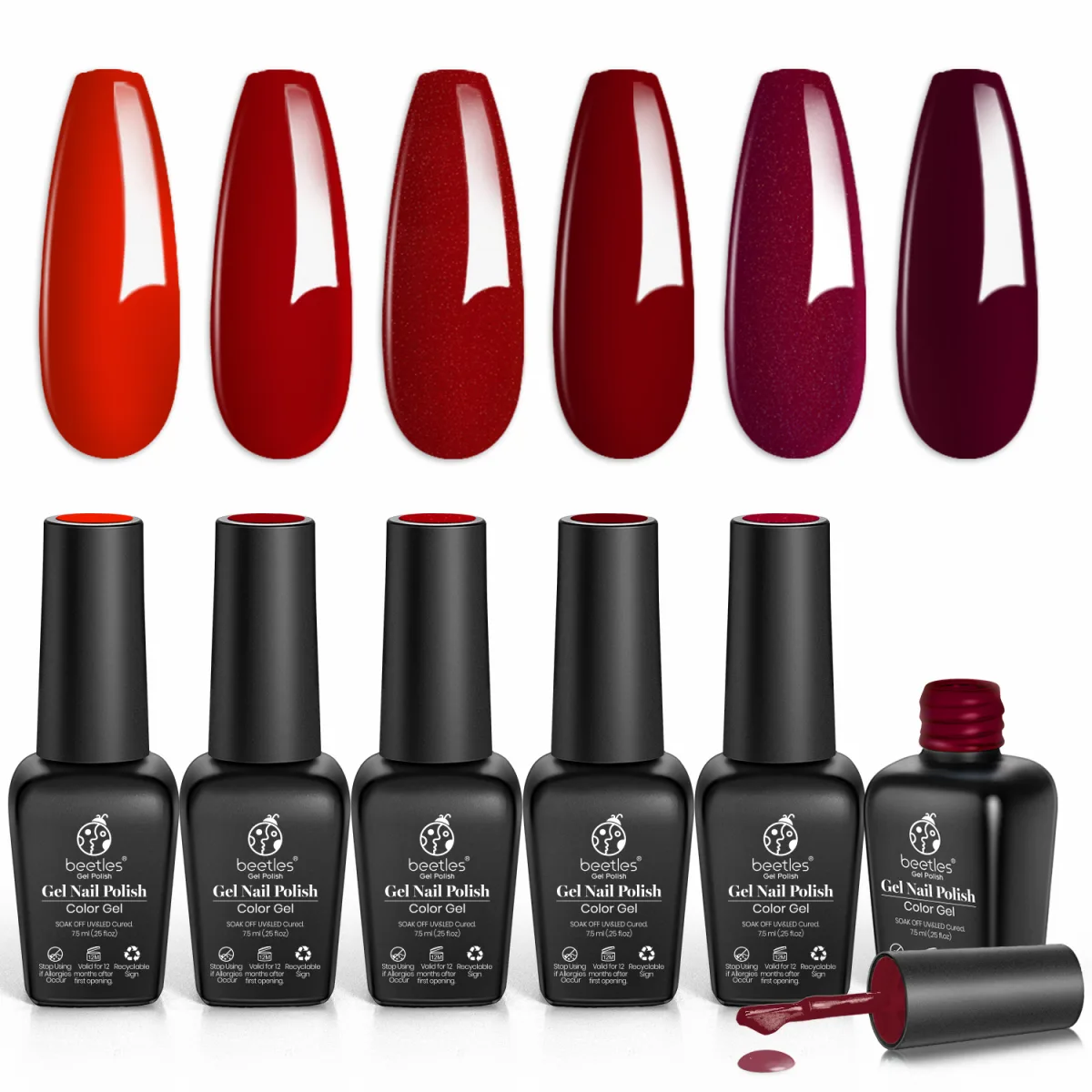 Six Beetles bottles in a glitter gel nail polish set with red family swatch tips from orange red to plum