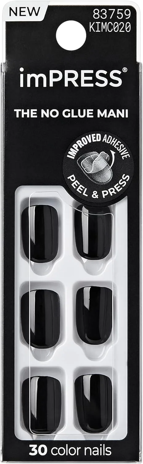imPRESS no glue press-on nails package in solid black with peel and press adhesive