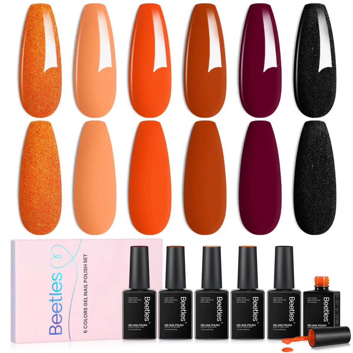 Autumn gel nail polish set with orange, rust, burgundy and black swatches