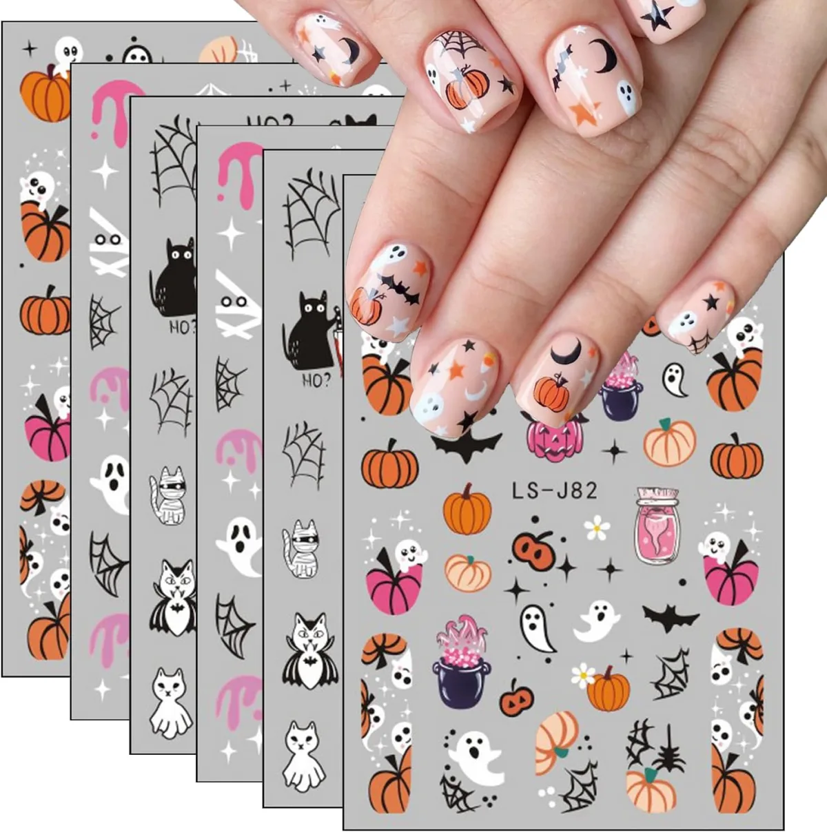 Halloween nail sticker sheets with short nude nails decorated with pumpkin and ghost stickers