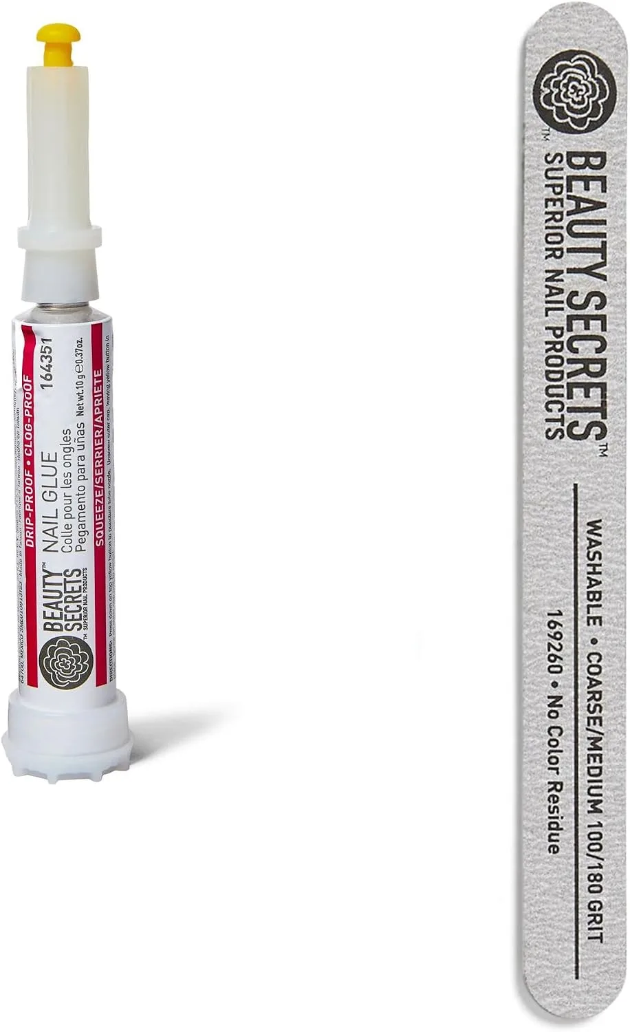 Beauty Secrets nail glue squeeze tube next to a 100/180 grit washable nail file