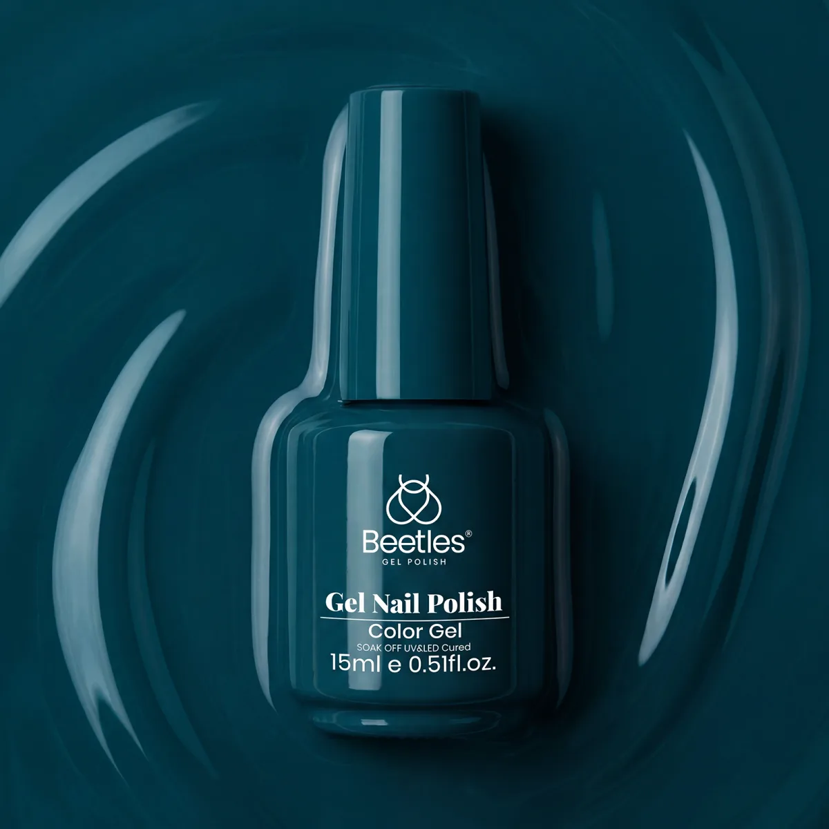 Beetles gel polish bottle in deep teal on a swirled teal background