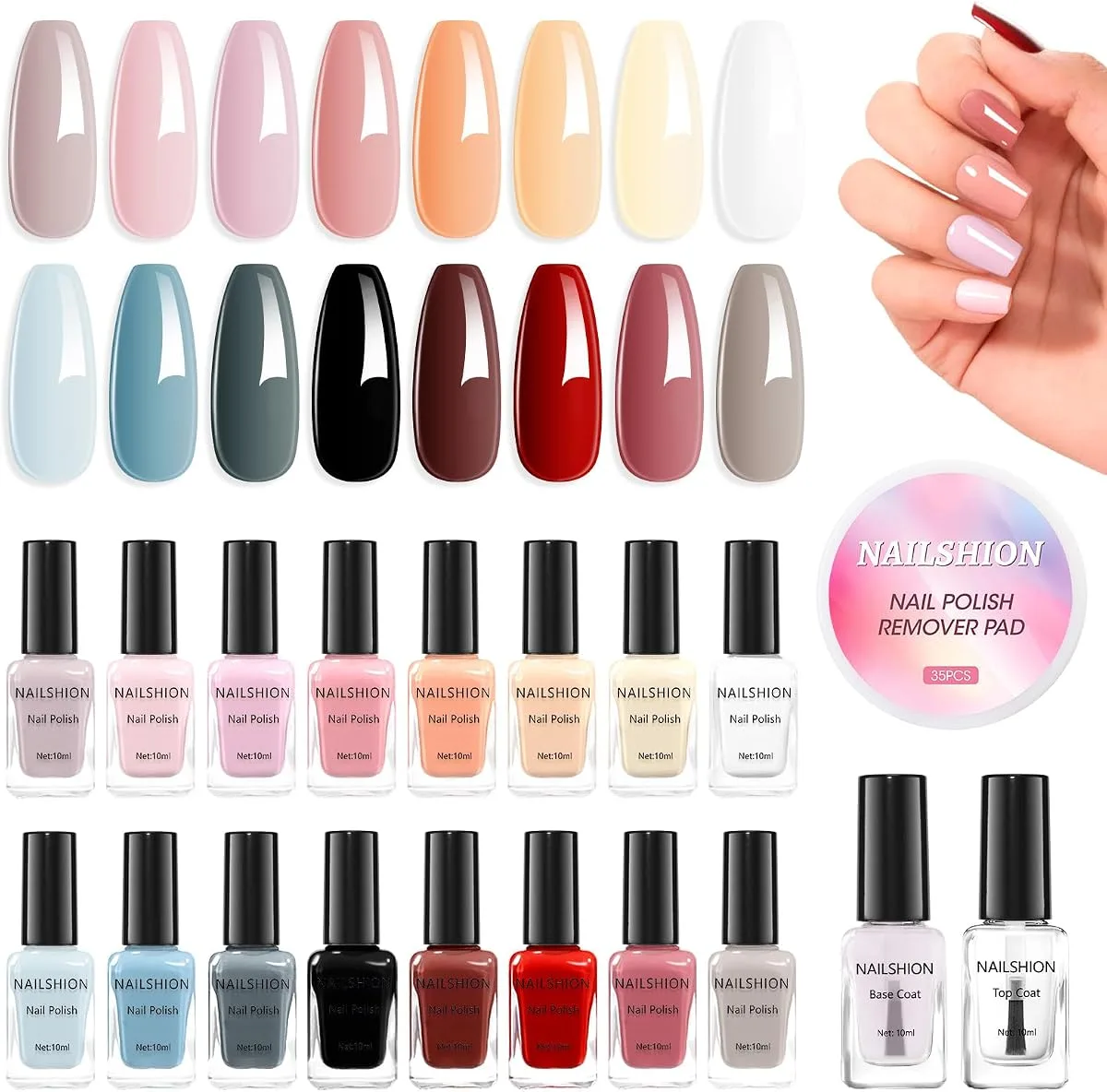 Nailshion regular nail polish set with pastel and dark bottles swatch tips and worn square hand