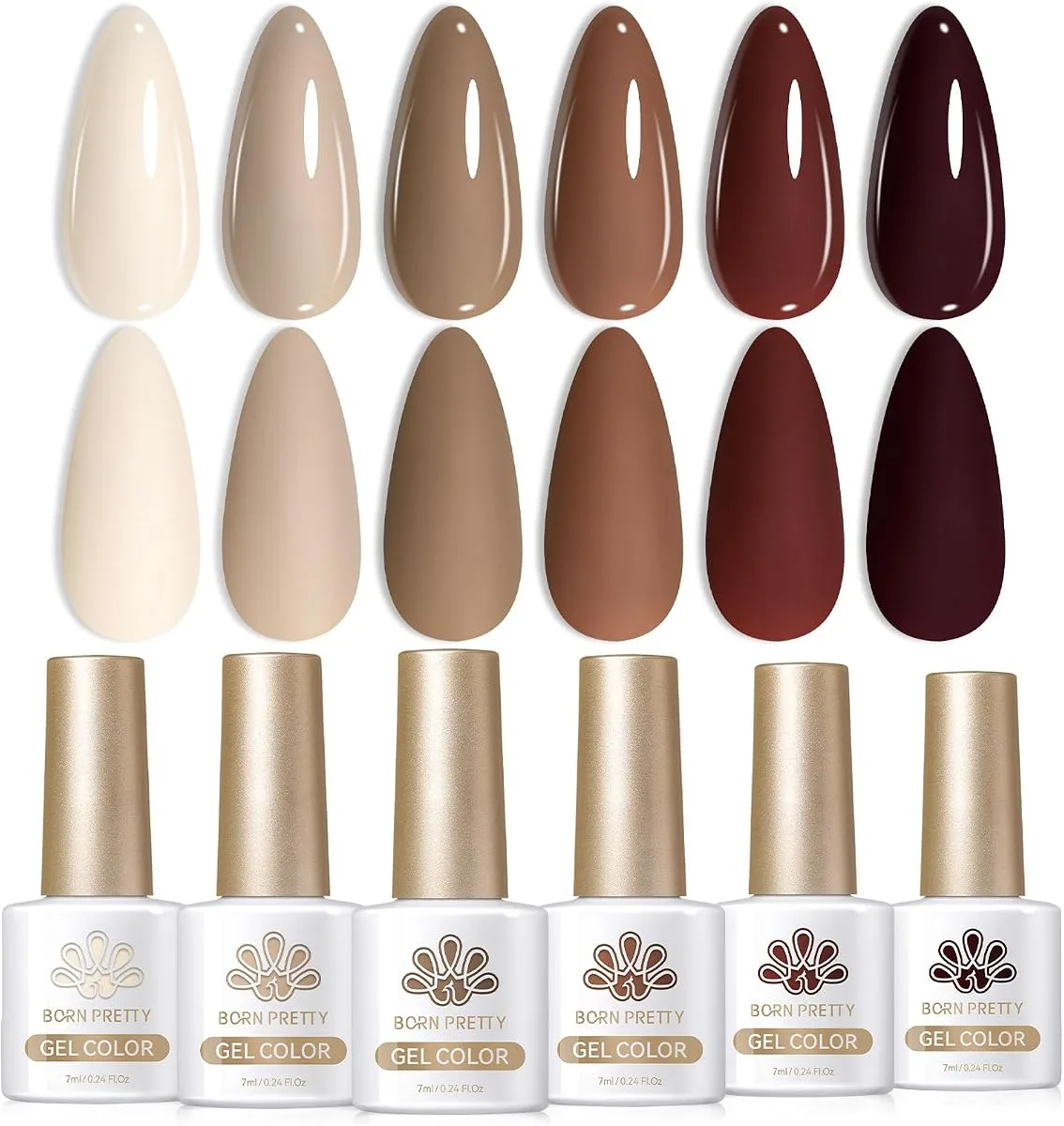 Born Pretty 6 bottle nude to brown gel set with glossy and matte almond swatch tips