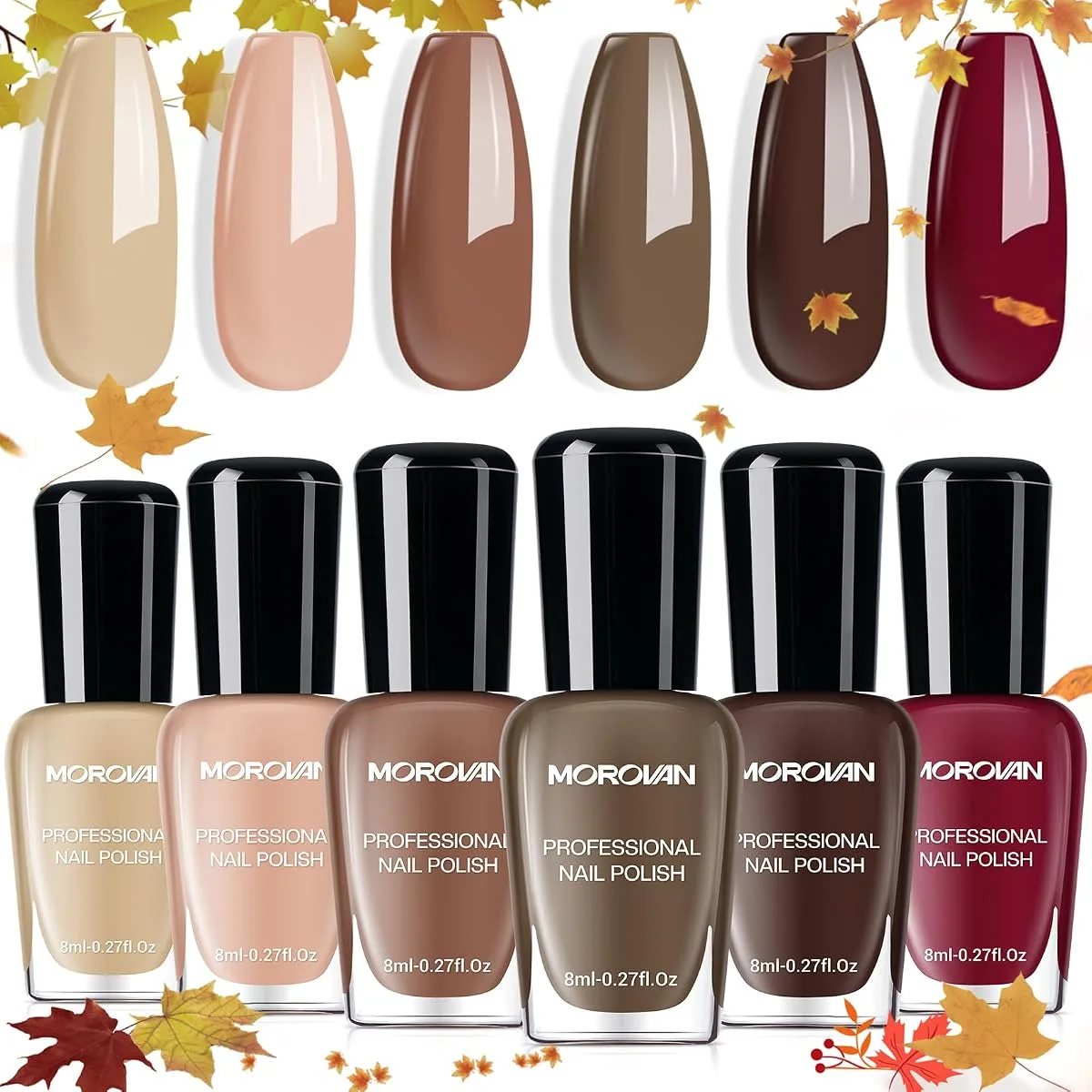 Morovan chocolate brown nail polish regular set with almond swatch tips