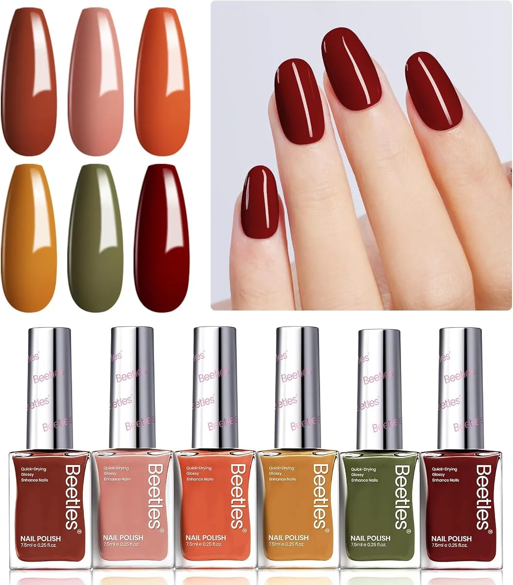 Beetles 6 bottle regular fall polish set with swatch tips and a burgundy worn hand