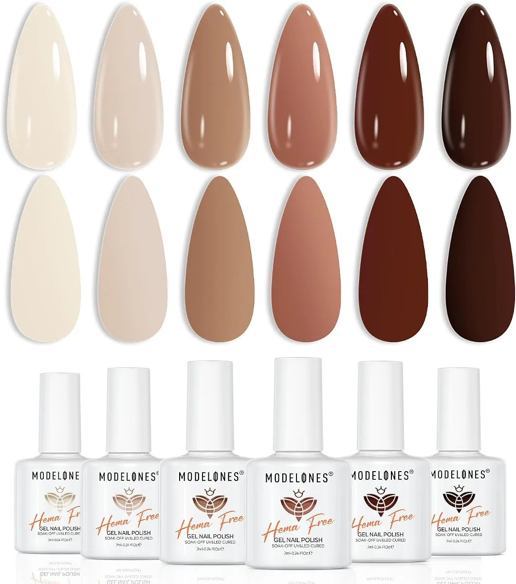 Modelones Hema Free six bottle gel set with cream, nude, caramel and chocolate tips