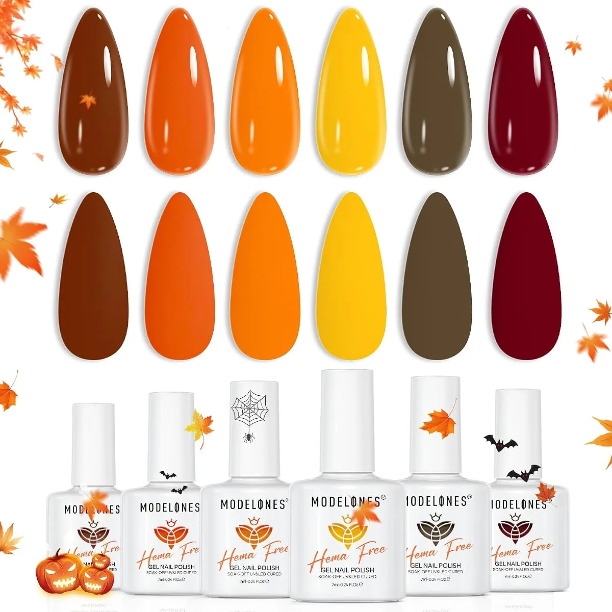 Modelones Hema Free six bottle autumn Halloween gel set with glossy and matte almond tips