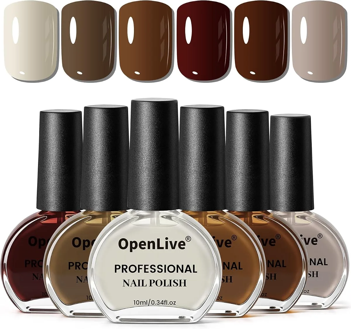 OpenLive Professional six bottle nail polish set with cream to dark chocolate swatch tips