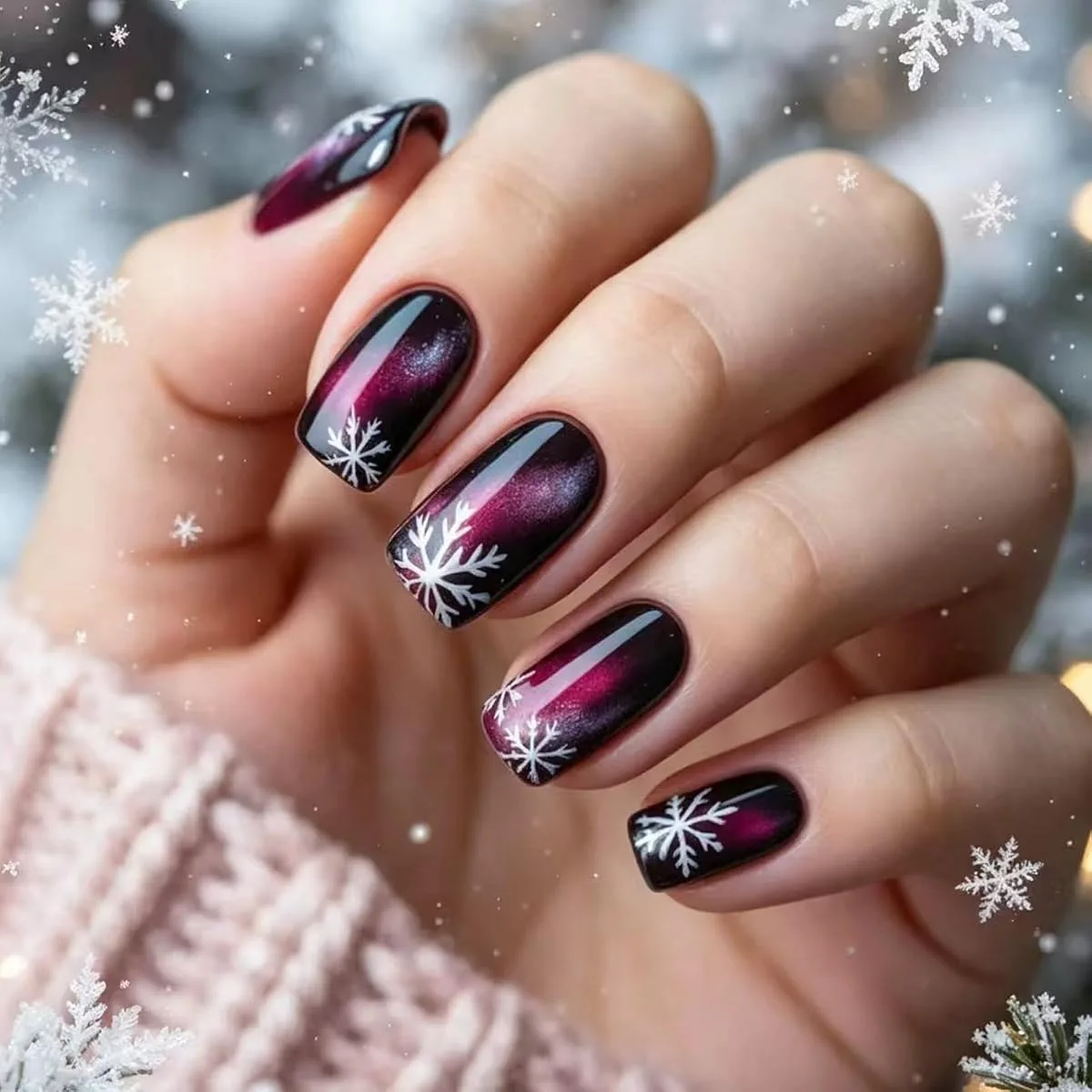Short square nails in a burgundy to black cat eye gradient with white snowflakes on a snowy background