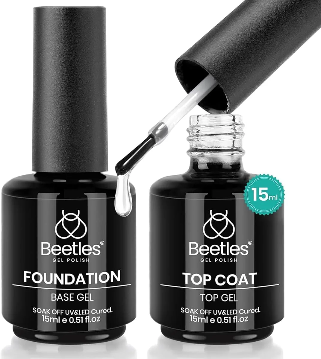 Beetles foundation base gel and top coat bottles, one open with a clear drip