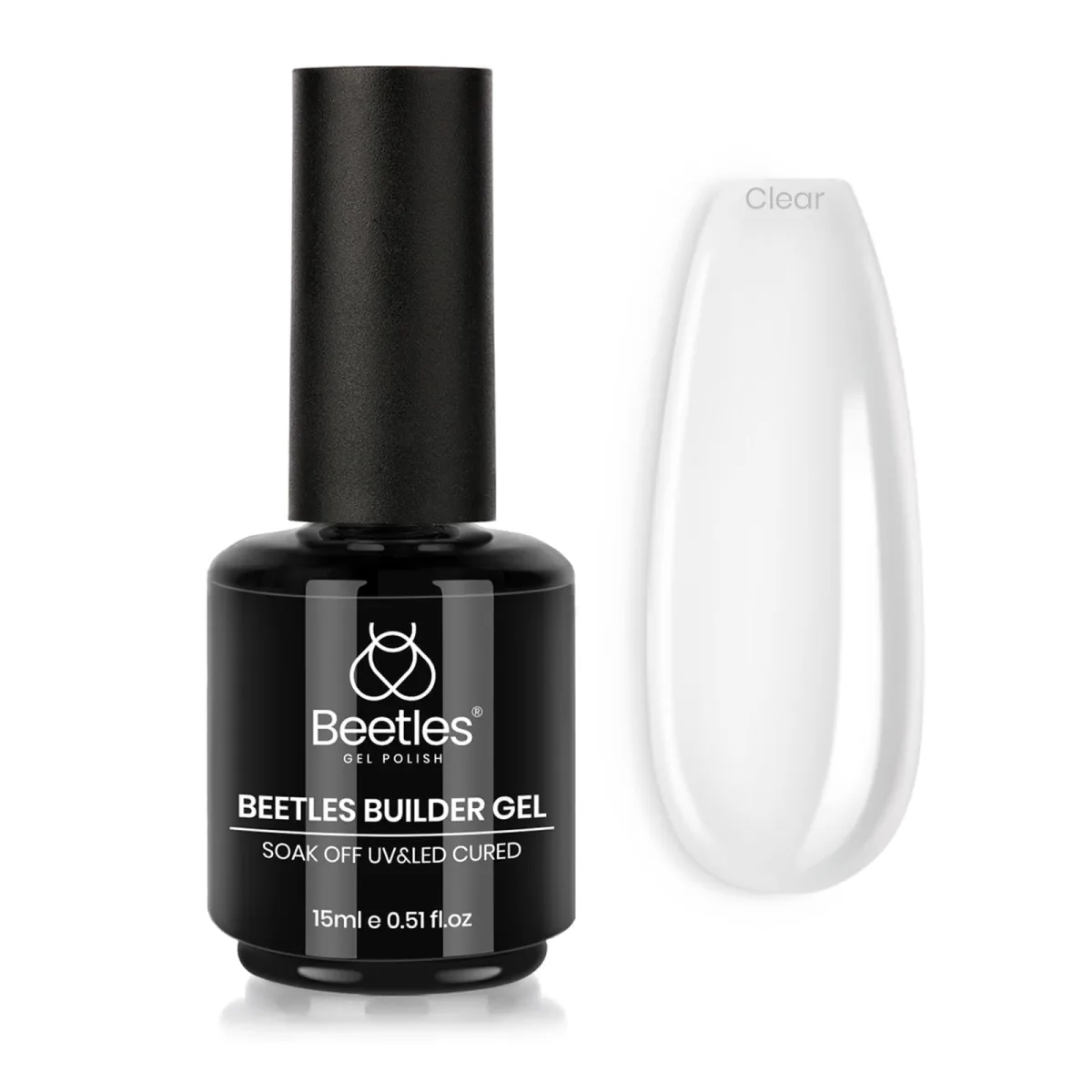Beetles builder gel bottle beside a clear nail tip labelled Clear