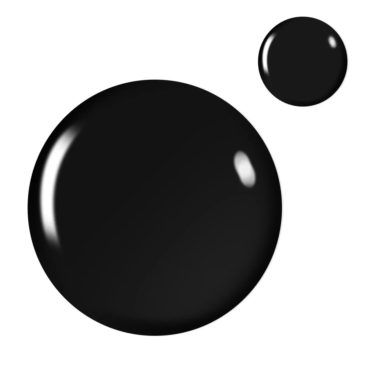 Two glossy black gel polish swatches in large and small blobs on white