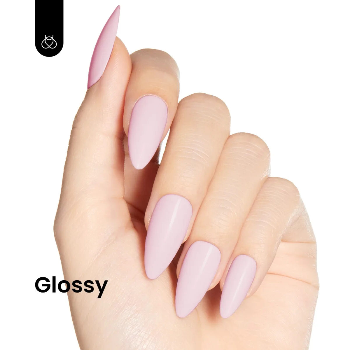 Hand with long glossy light pink almond gel nails on white background