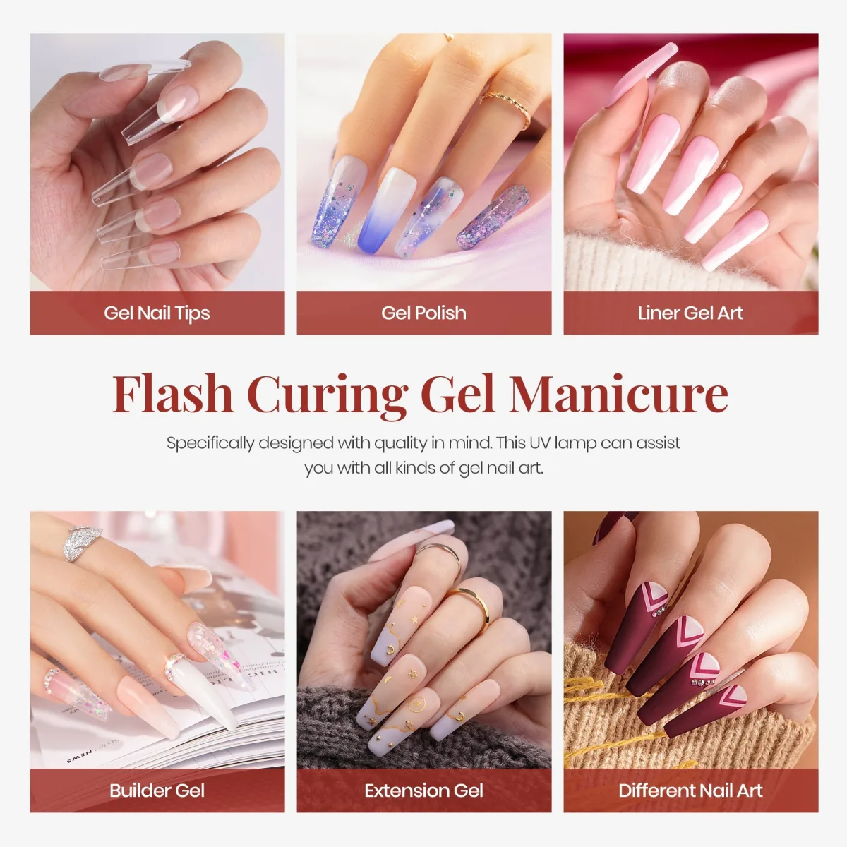 Flash curing gel manicure collage: gel nail tips, glitter ombre gel polish, pink liner art, builder gel, extension gel and burgundy chevron nail art
