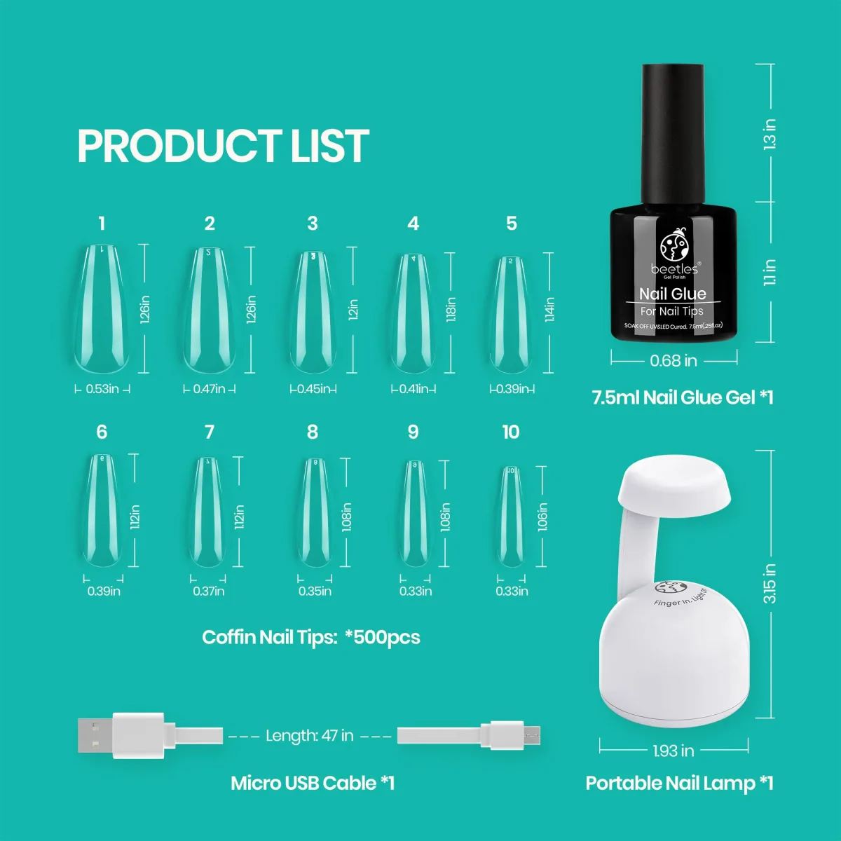 Product list graphic of Beetles 500 piece coffin nail tips, 7.5 ml nail glue gel, portable lamp and USB cable