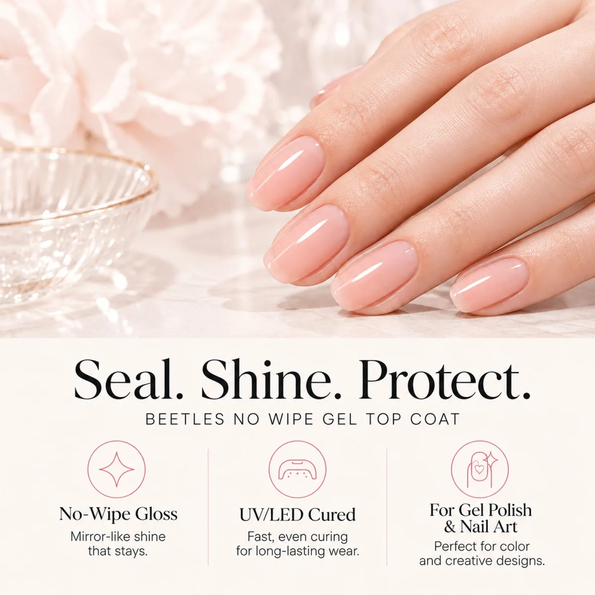 Sheer pink glossy almond nails with Seal Shine Protect top coat graphic