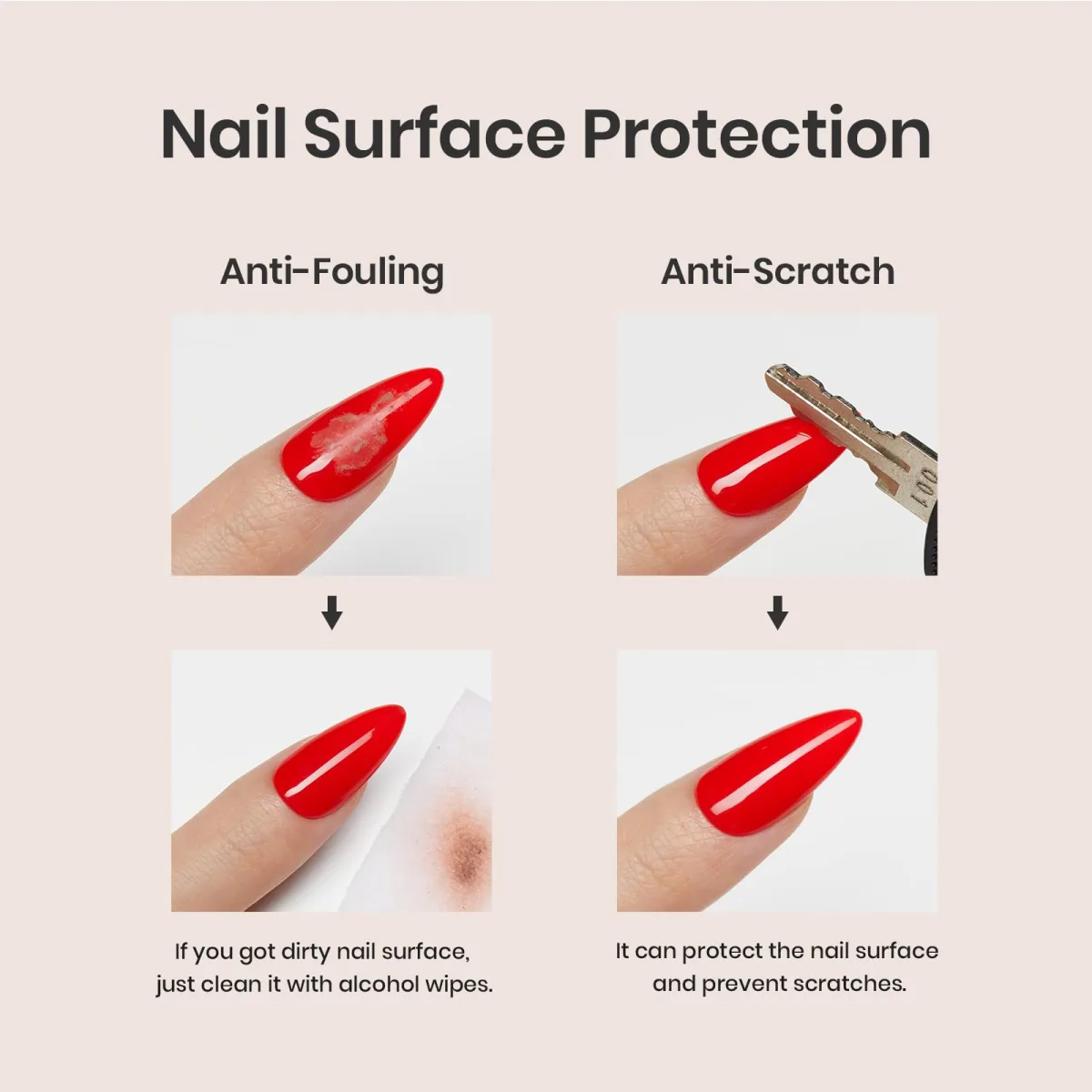 Red nail anti-fouling and anti-scratch nail surface protection demo graphic