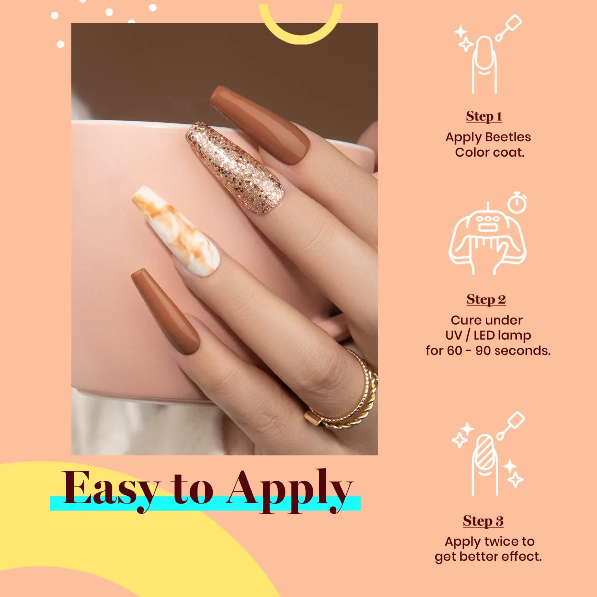 Long coffin nails in caramel brown with glitter and marble accents over a pink cup