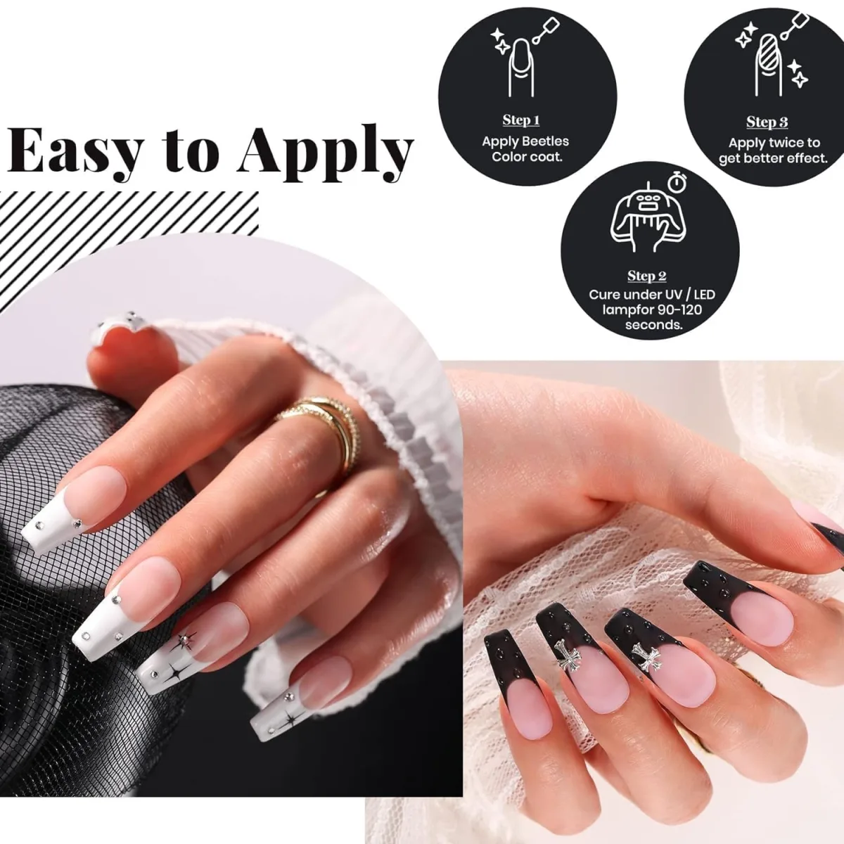 Two hands with white French tips with starbursts and black French tips with cross charms