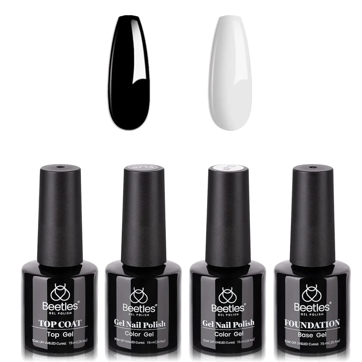 Four Beetles bottles with black and white gel polish almond swatch tips