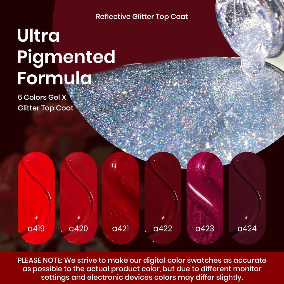 Ad graphic of reflective silver glitter top coat being poured with six red shade swatches