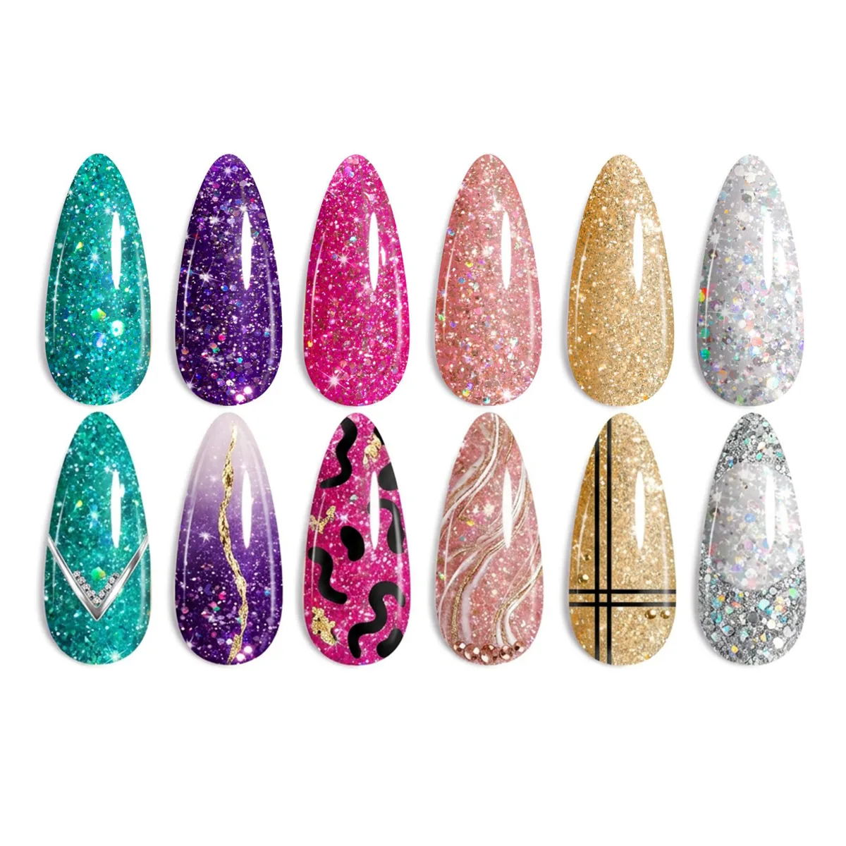 Twelve almond swatch tips in teal, purple, pink, rose, gold and silver glitter with nail art
