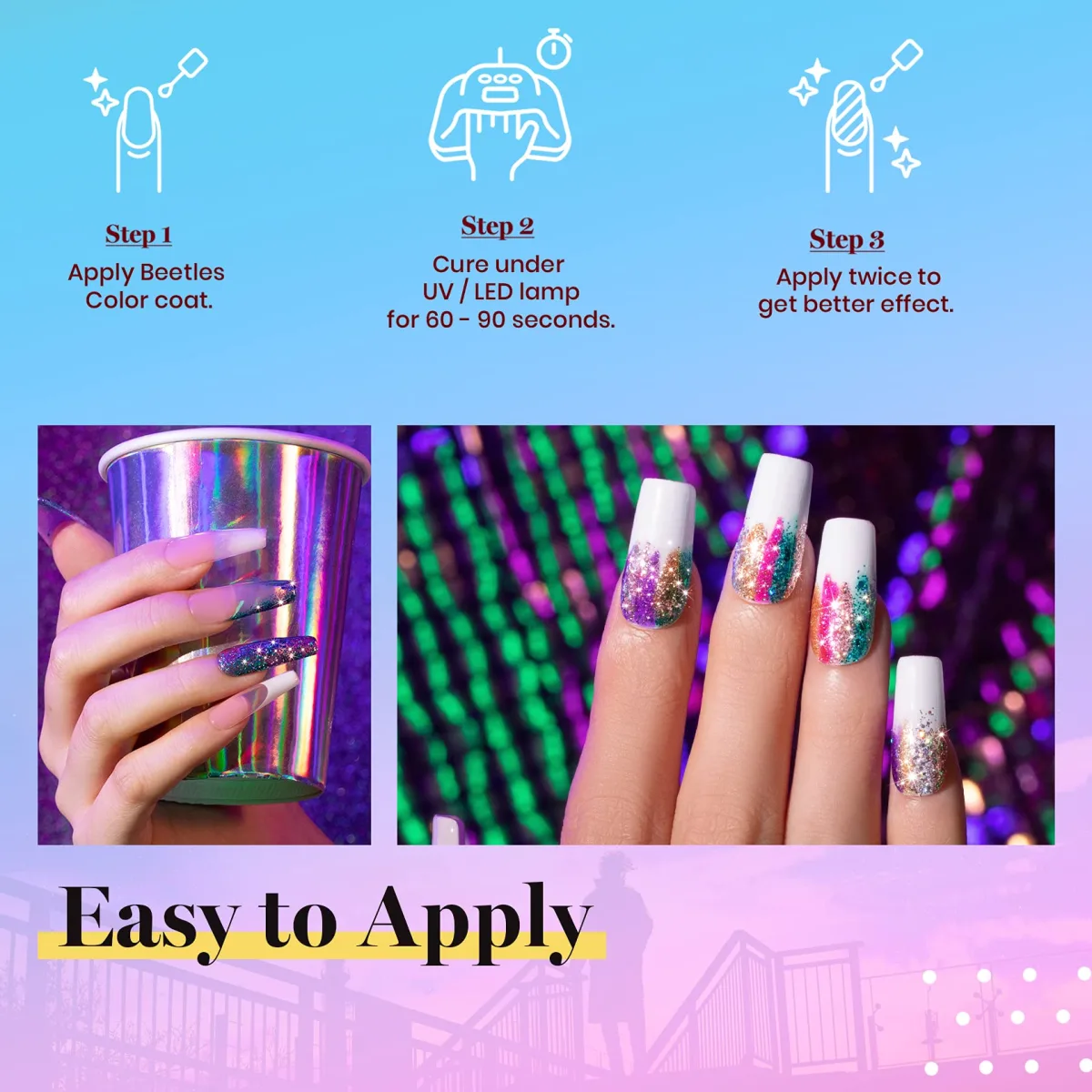 How to apply glitter gel polish in three steps with white based rainbow glitter ombre nails