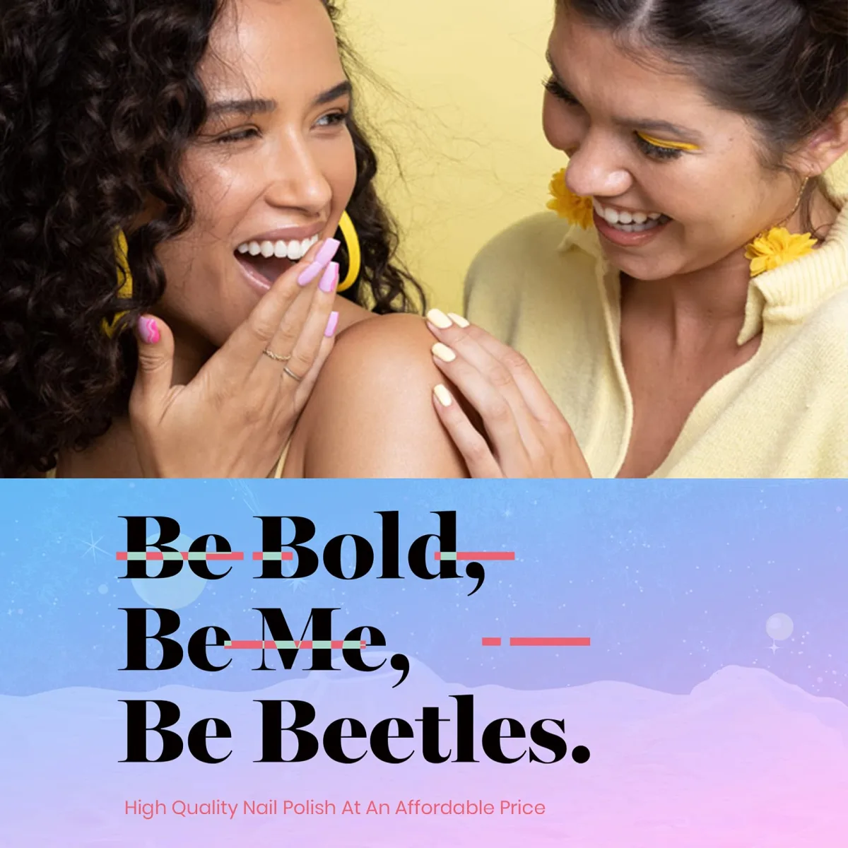 Two women with lavender and pale yellow manicures in a Beetles brand ad graphic