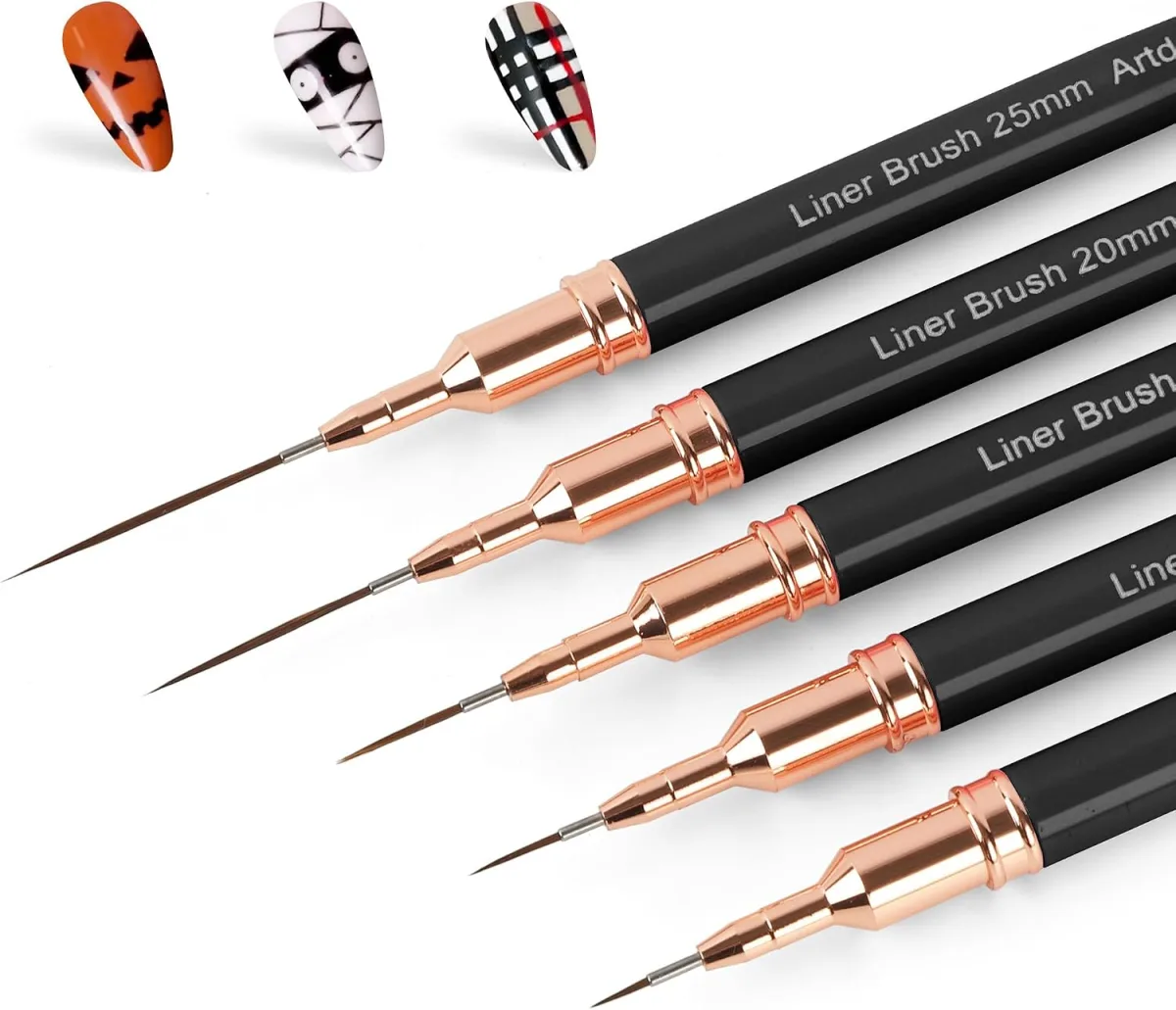 Fine liner nail art brushes with black handles and rose gold ferrules beside three nail art sample tips