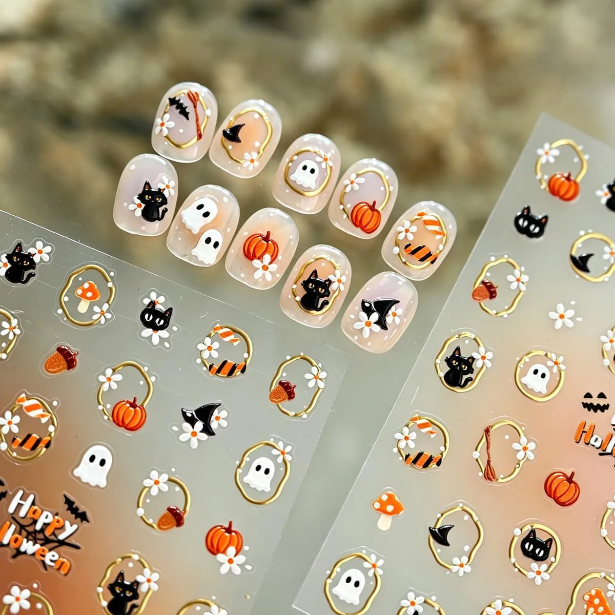 Halloween nail sticker sheet with decorated short nude press on nail tips