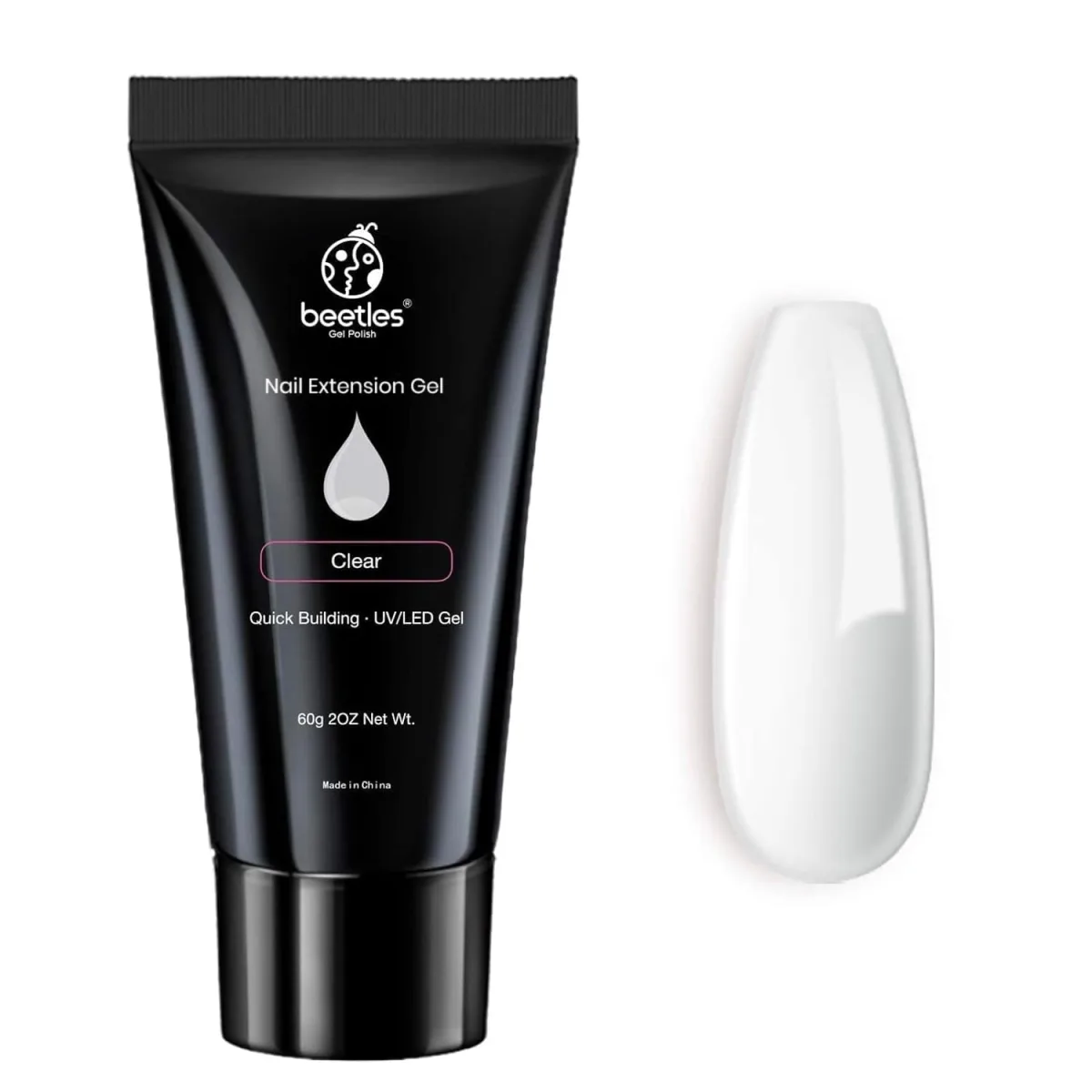 Beetles clear nail extension gel tube, 60 g, with a long almond clear gel swatch