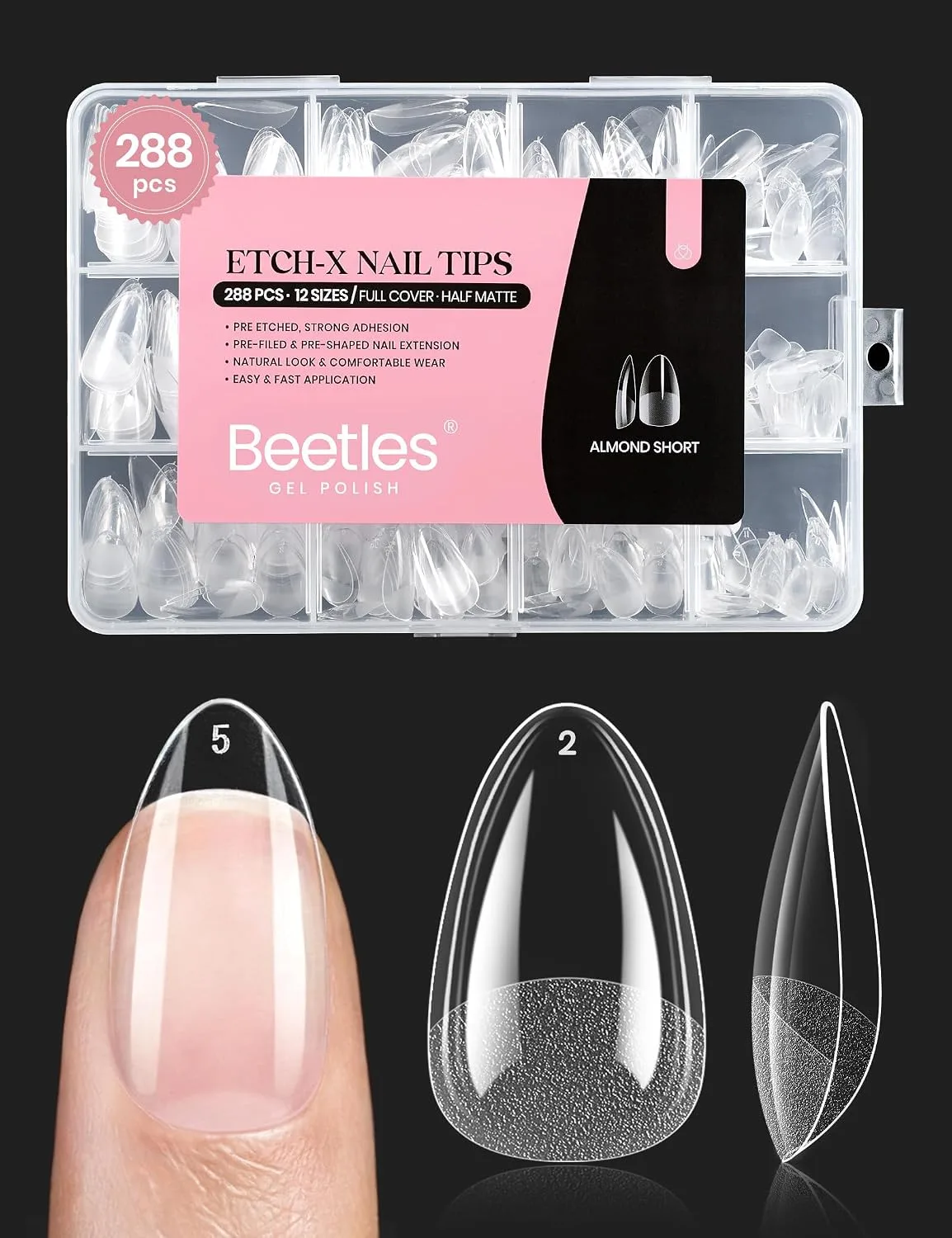 Crystal clear glossy manicure shown with a Beetles Etch-X nail tips box, one fingertip wearing a clear glossy almond tip and a loose half frosted tip