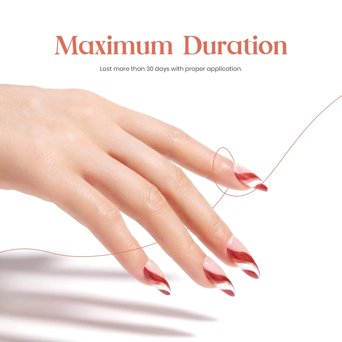 Long almond nails with a red and white swirl in shimmery diagonal bands over a sheer nude pink base