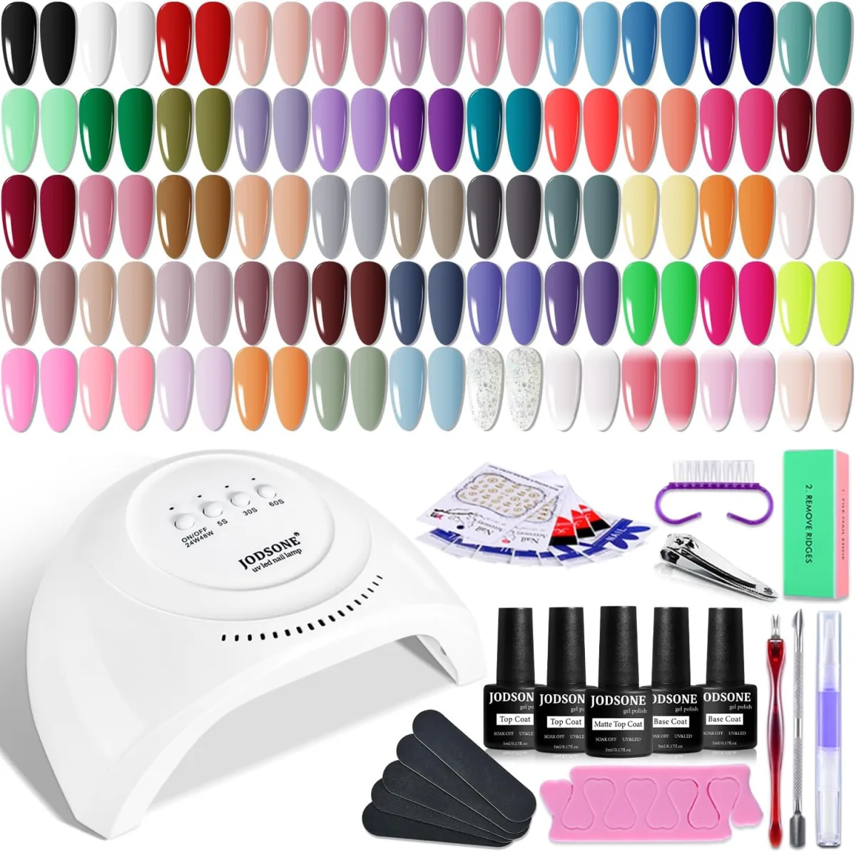 JODSONE gel nail kit with colour swatch tips, lamp, base and top coats and tools