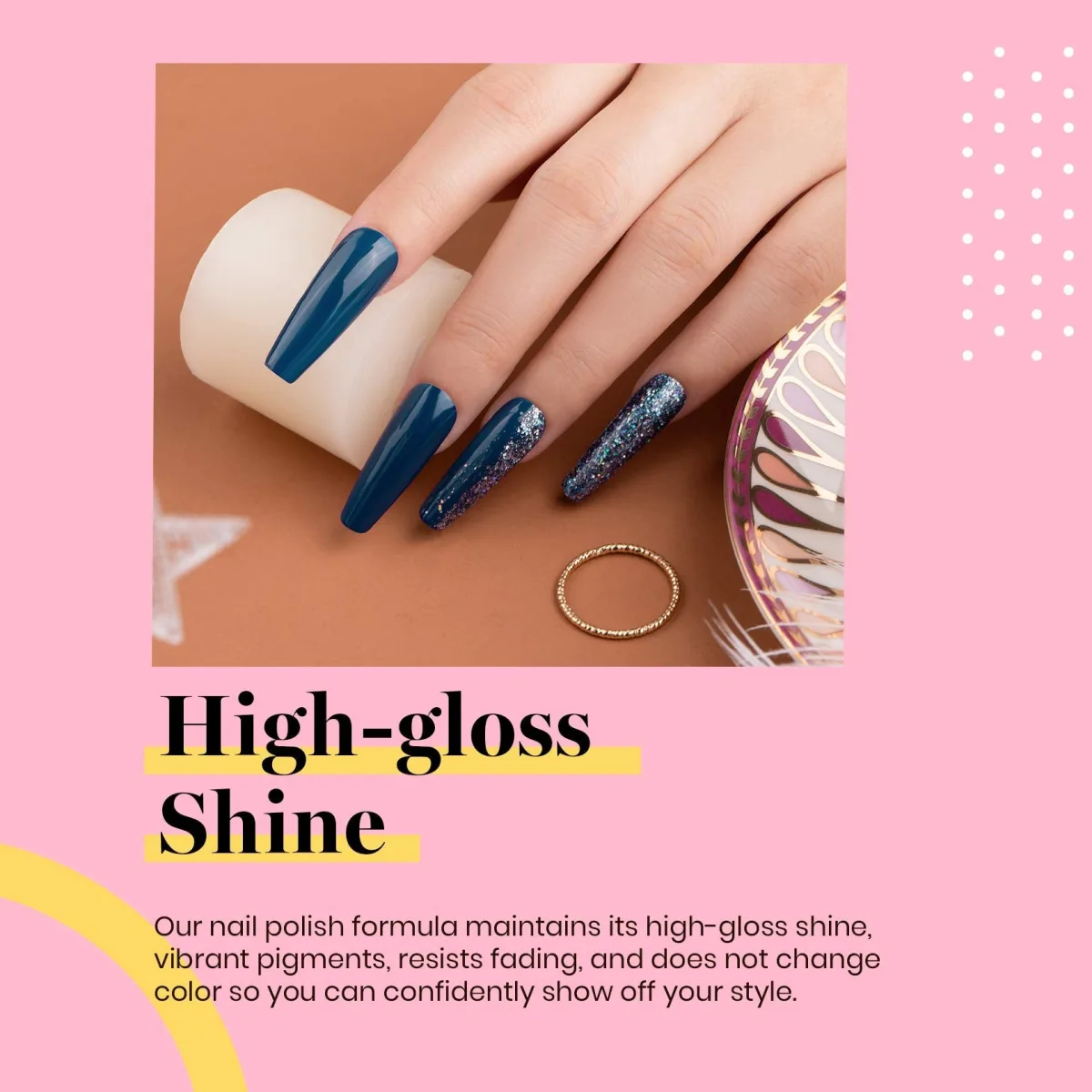 Long coffin nails in deep teal-blue with chunky silver and blue glitter on two nails