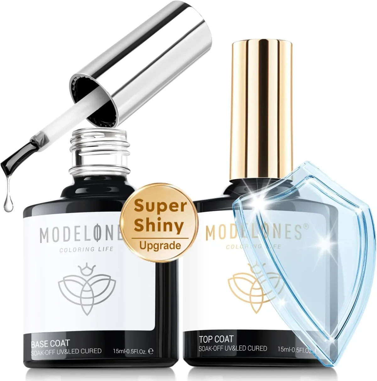 Modelones base coat and top coat bottles for gel manicures