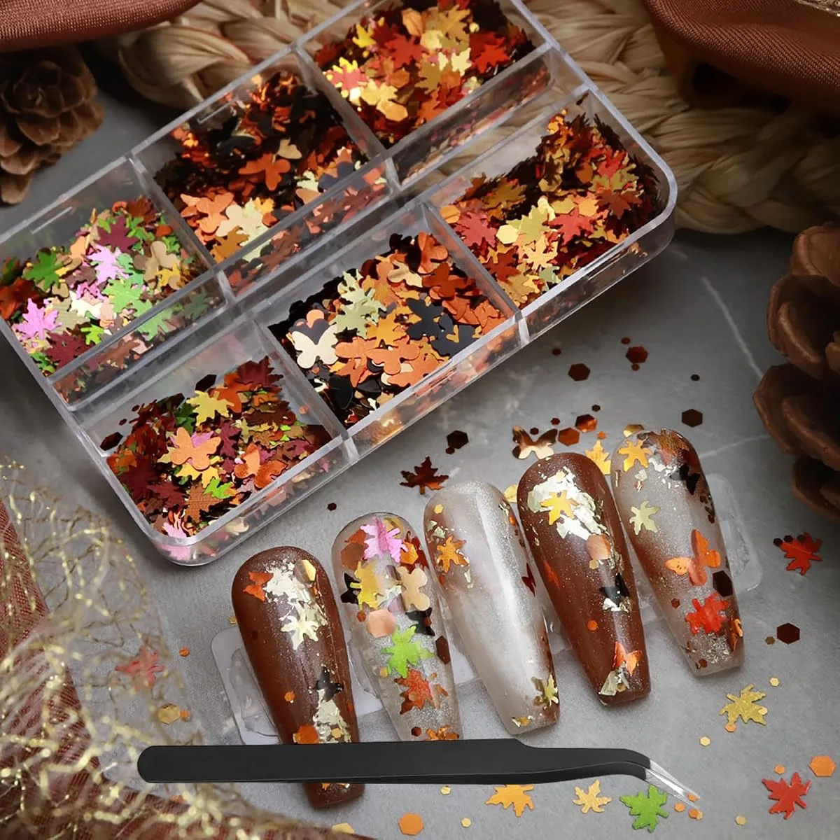 Autumn leaf glitter art box with maple leaf sequins coffin tips and tweezers