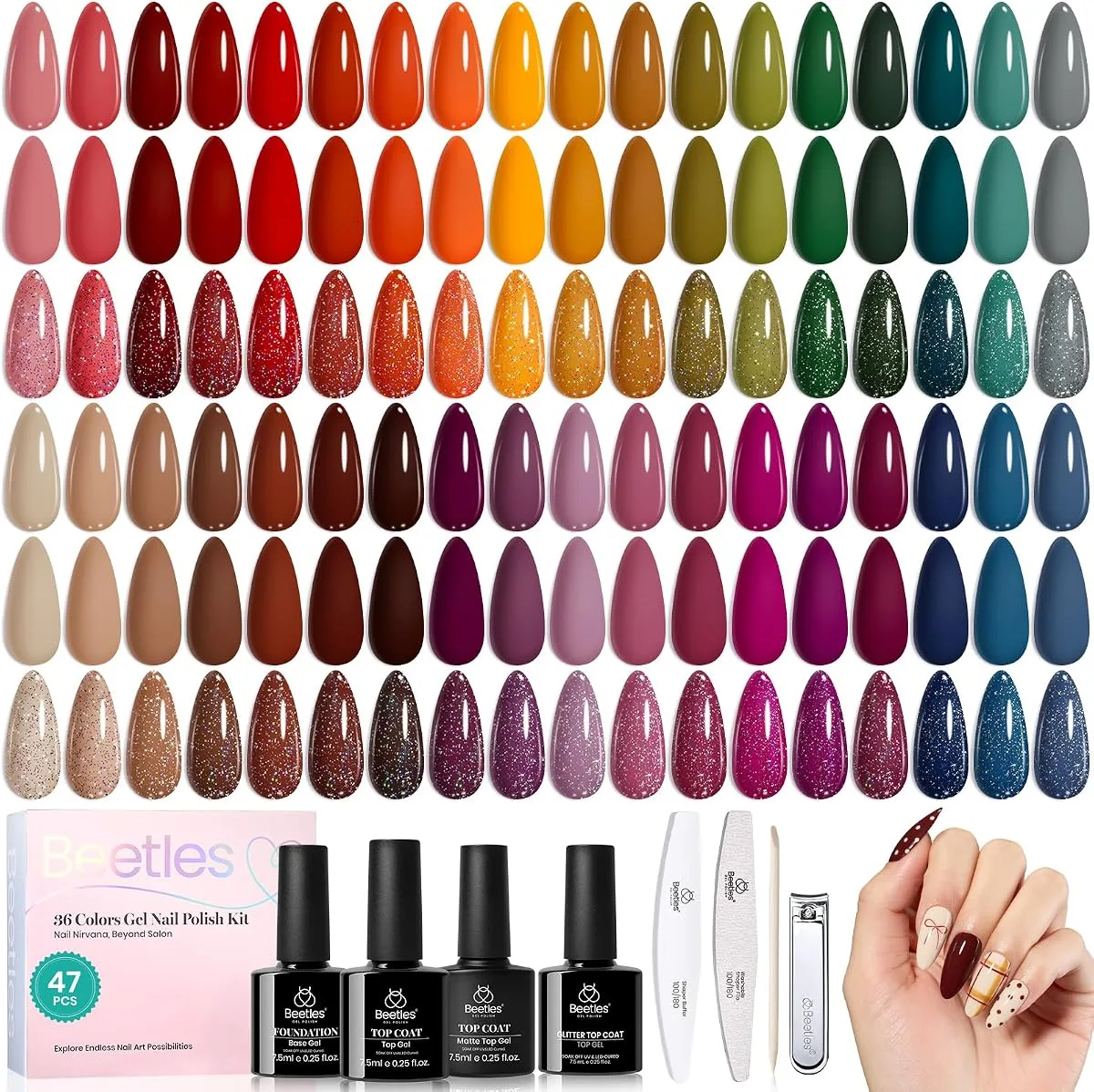 Beetles 36 colour gel kit with all colour swatch tips and a burgundy nail art hand