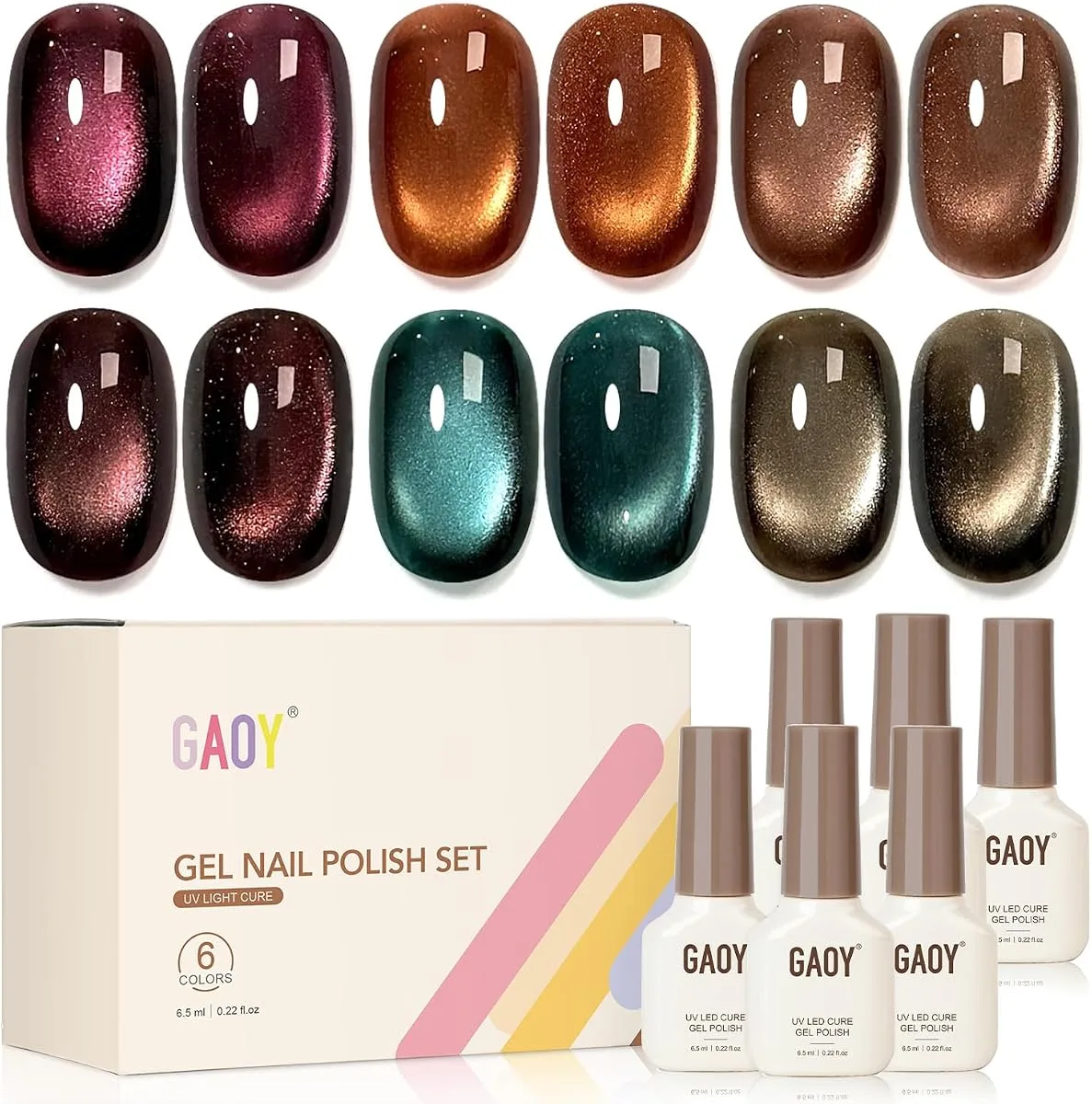 GAOY 6 colour shimmer gel set with 12 short oval swatch tips
