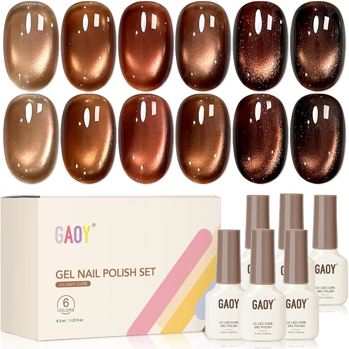 GAOY six colour gel set box with shimmery champagne bronze, copper and rose brown tips