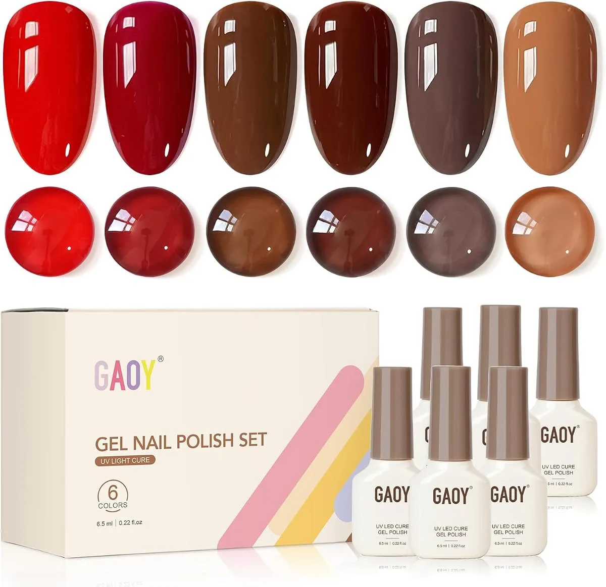 GAOY six colour gel polish set with bright red, burgundy and brown tips