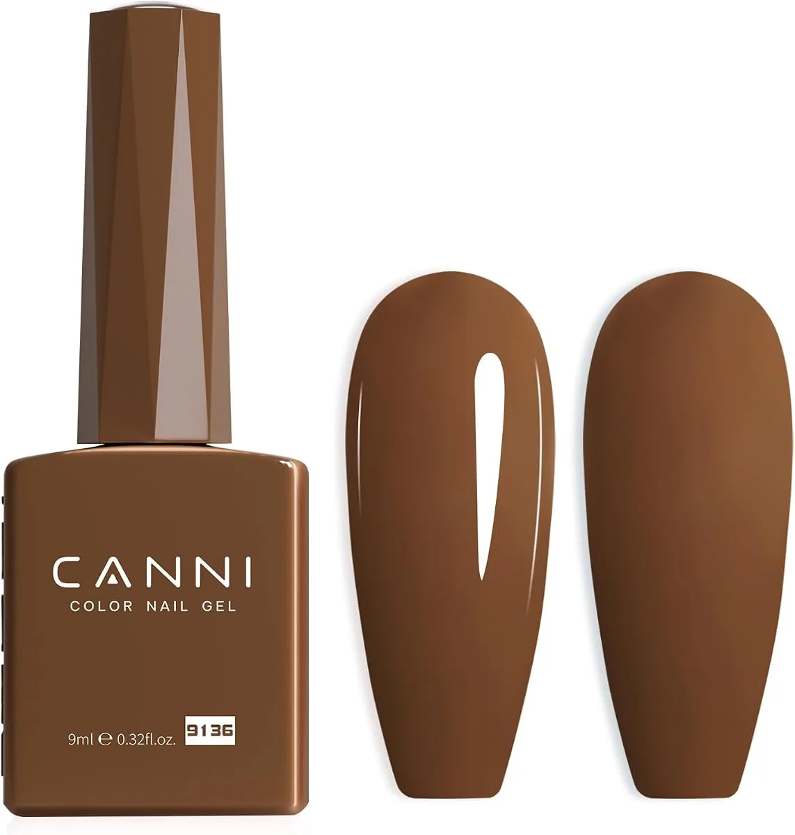 CANNI Color Nail Gel bottle in medium brown beside two matching glossy tips