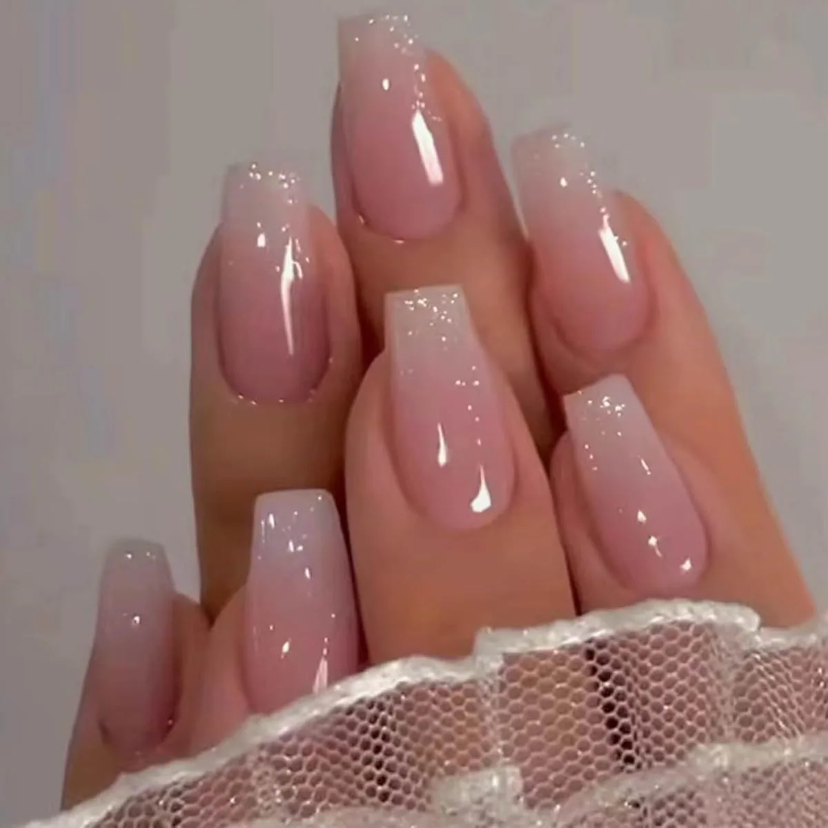 Long square pink to white gradient press on nails with fine glitter