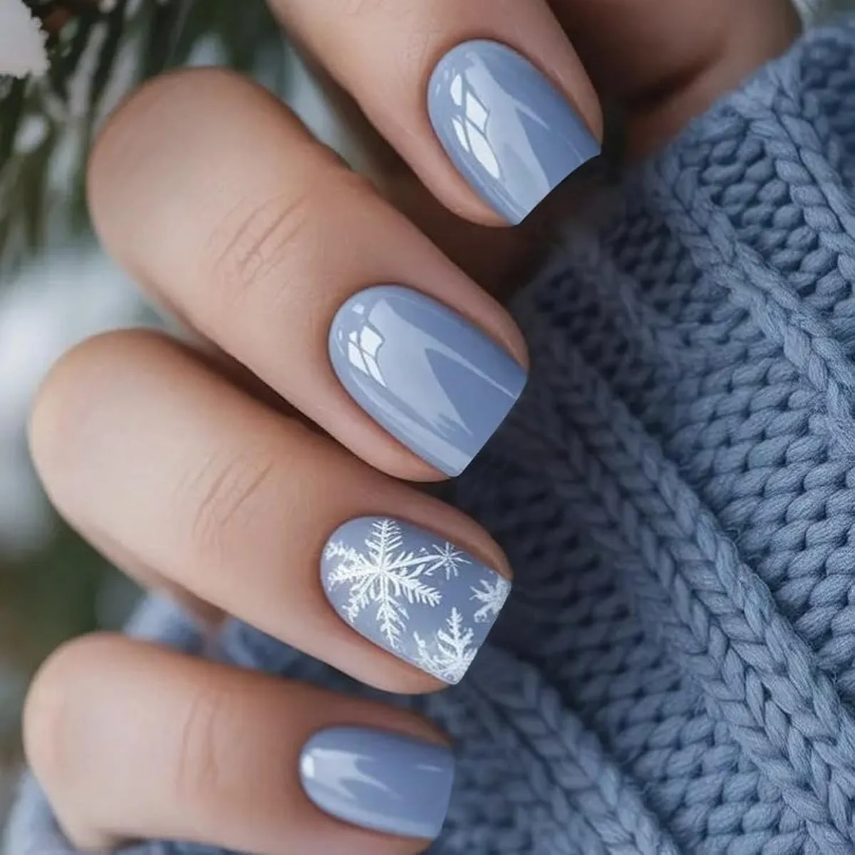 Short square dusty blue grey press on nails with white snowflakes