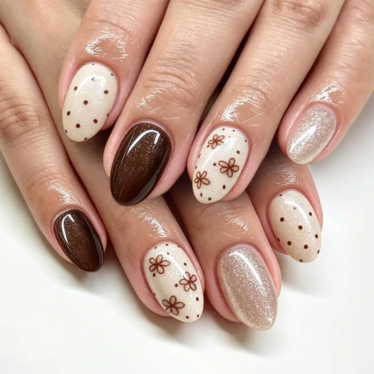 Hands with short oval nails in cream with brown dots, dark brown glitter, brown outline flowers and champagne glitter