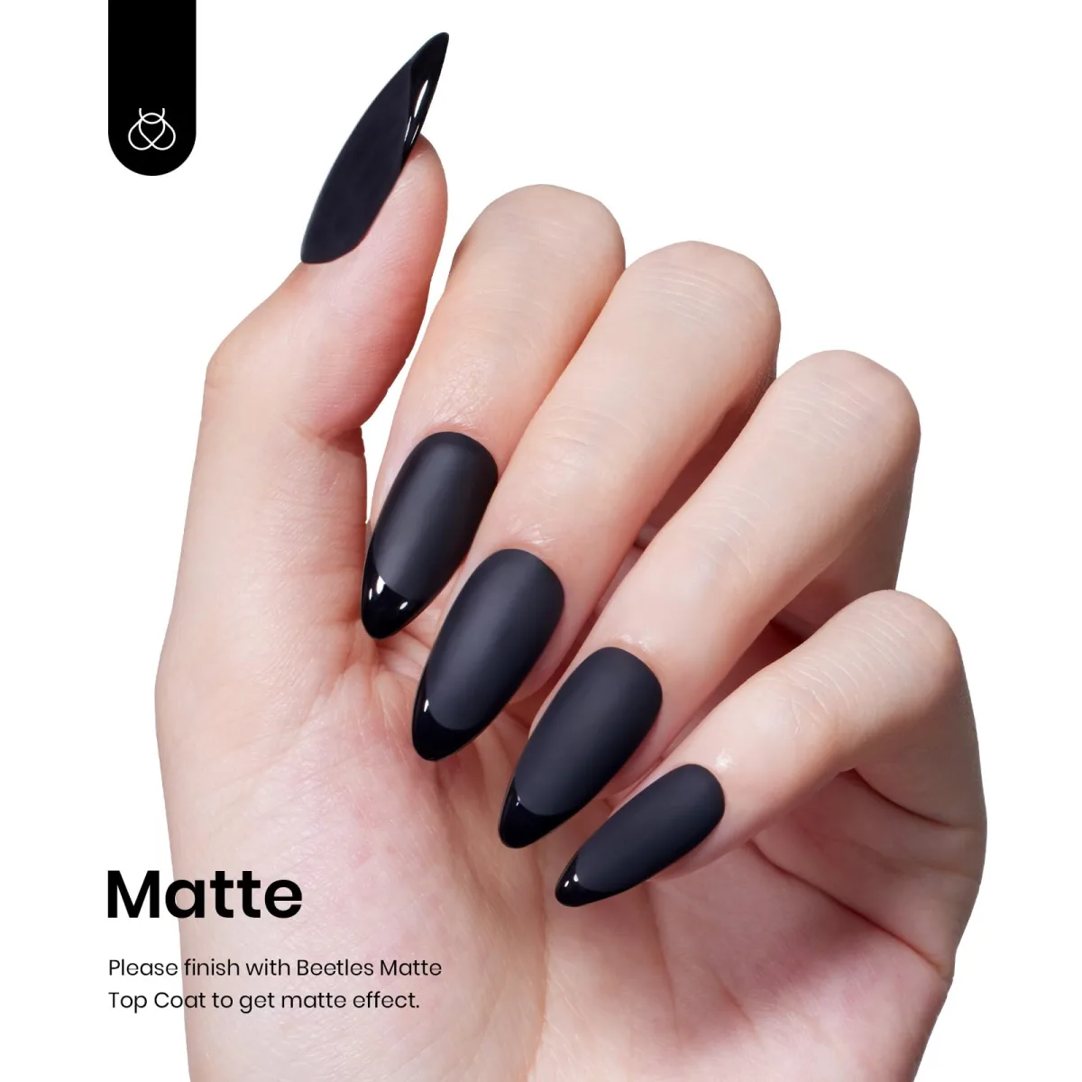 Matte black almond nails with glossy black French tips