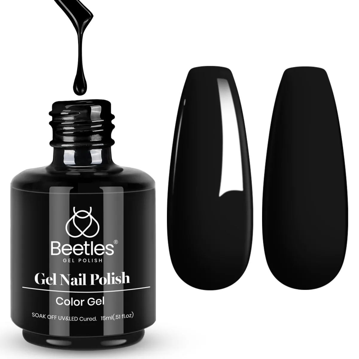 Beetles Audrey Black gel polish bottle beside glossy black and matte black nail tips